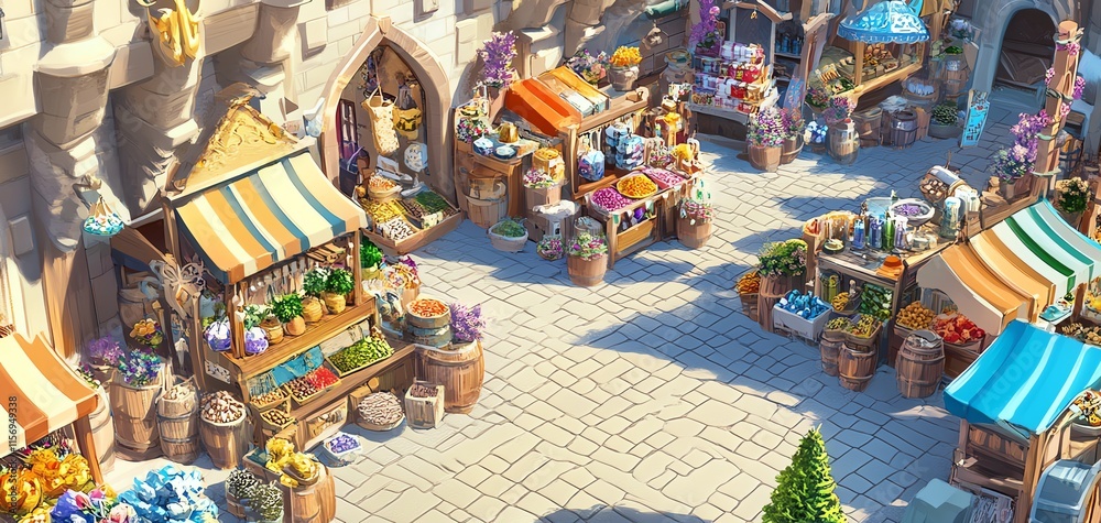 Fototapeta premium High-angle view of a vibrant fantasy market, stalls overflowing with colorful, magical ingredients