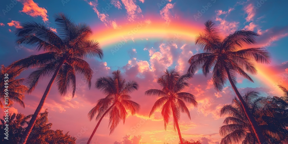 Naklejka premium Tall Palm Trees Under a Vibrant Rainbow Sky