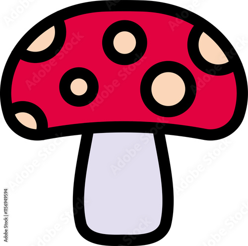 Cartoon-style mushroom with a red cap featuring beige spots and a light purple stem, rounded cap with evenly distributed spots, simple and colorful design