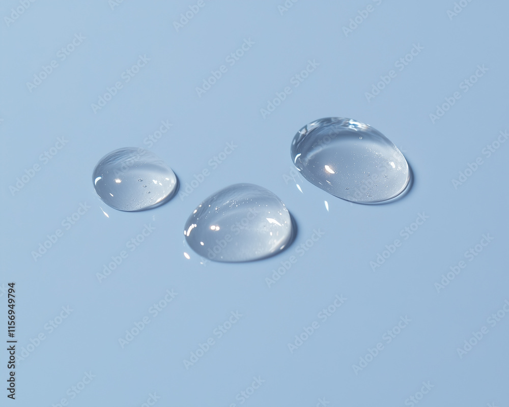 Three Clear Liquid Droplets on Blue Surface Three Clear Liquid Droplets on Blue Surface