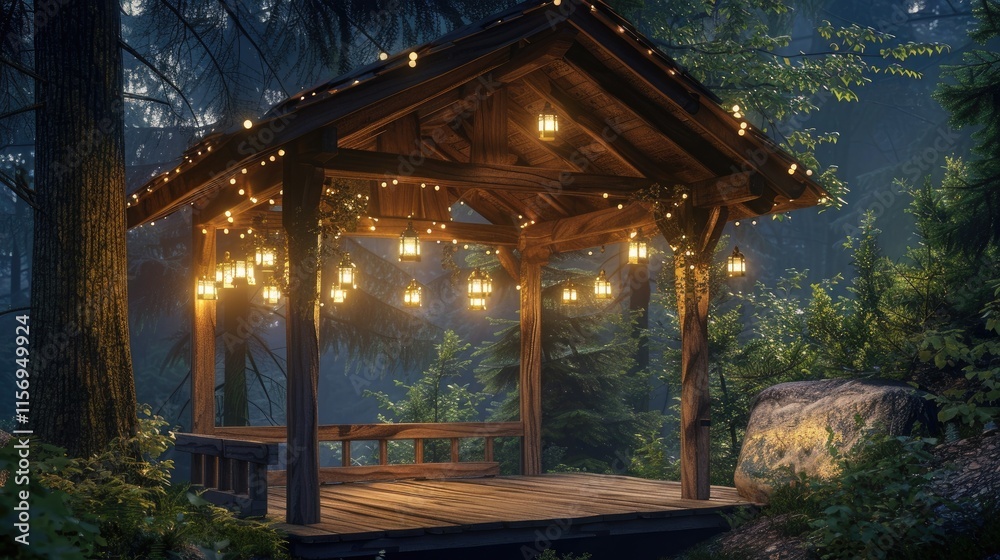 A wooden gazebo softly lit by hanging lanterns in a forest A wooden gazebo softly lit by hanging lanterns in a forest