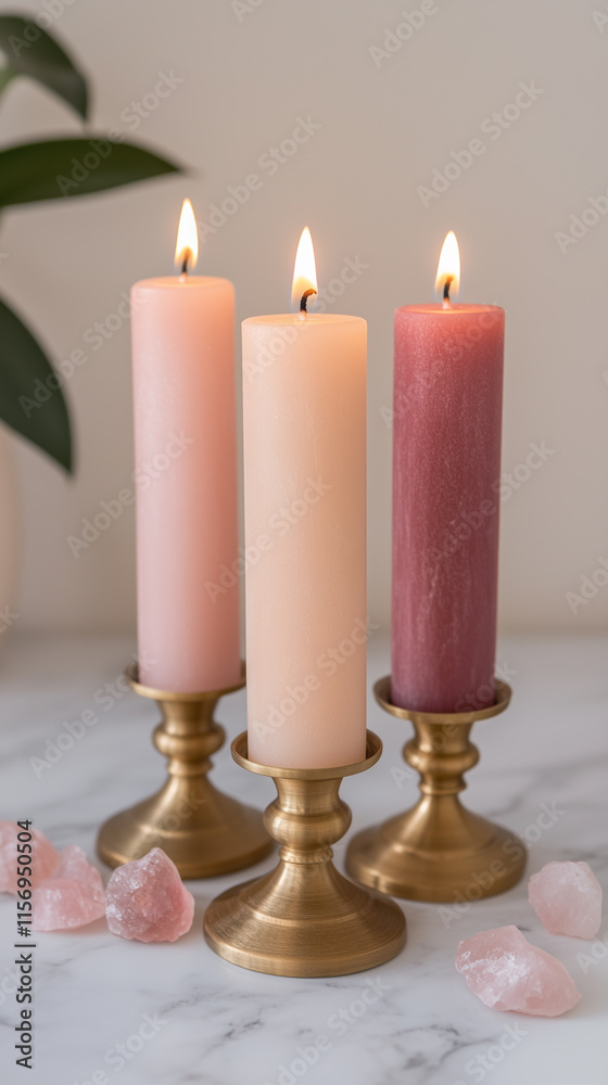 Three Pink Candles on Brass Holders with Rose Quartz Three Pink Candles on Brass Holders with Rose Quartz