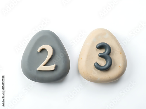 Two Isolated Sea Stones With Pebbles Numbered Two And Three Sit On A White Background In A Calm Environment. 00002