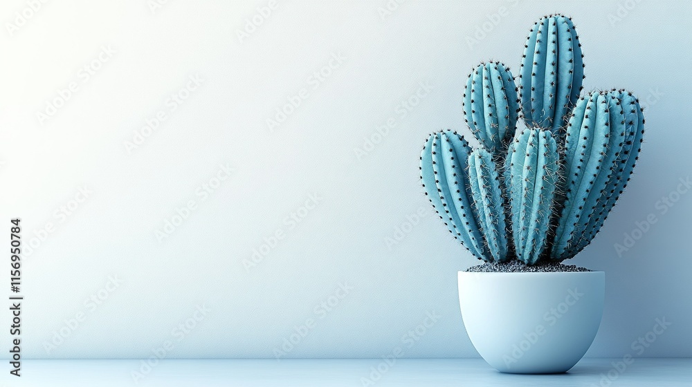 A blue cactus in a minimalist pot against a light background. A blue cactus in a minimalist pot against a light background.