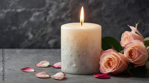 White candle with a rose and flower petals on grey stone panoramic background with copy space, funeral services web banner 