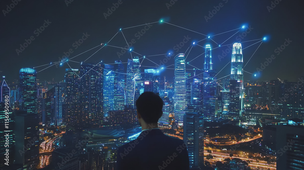 Fototapeta premium Abstract businessman stands on the peak of success amid tall, innovative Smart city and graphs with statistics to analyze business potential and predict future developments in company growth.