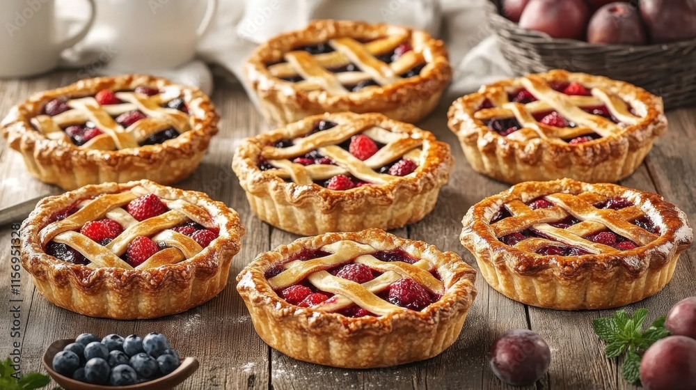 Delicious Mini Fruit Pies Displayed on Rustic Wooden Table Delicious Mini Fruit Pies Displayed on Rustic Wooden Table