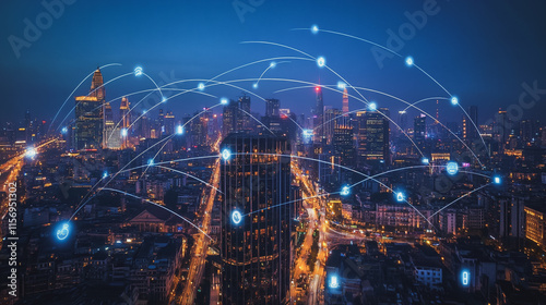 Wallpaper Mural Smart digital Innovation city with connection network reciprocity over the cityscape. of future smart wireless digital city and social media networking systems that connects people with in city Torontodigital.ca