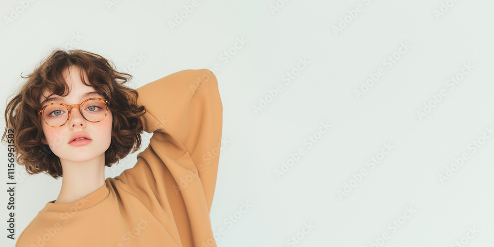 Young Woman with Curly Hair, Tortoiseshell Glasses, and Brown Sweatshirt Young Woman with Curly Hair, Tortoiseshell Glasses, and Brown Sweatshirt