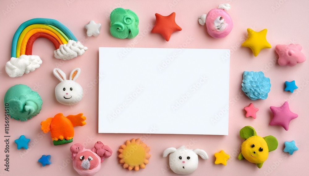 Blank white card surrounded by kawaii handmade plasticine animals, stars, and rainbows on a pastel pink background, ideal for scrapbooking or baby photo books Blank white card surrounded by kawaii handmade plasticine animals, stars, and rainbows on a pastel pink background, ideal for scrapbooking or baby photo books