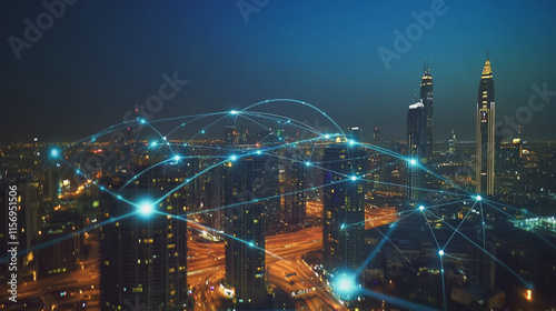 Wallpaper Mural Smart digital Innovation city with connection network reciprocity over the cityscape. of future smart wireless digital city and social media networking systems that connects people with in city Torontodigital.ca