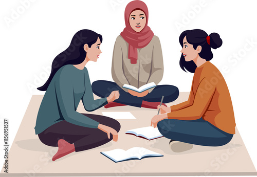 vector illustration image of a group of students from a university having a discussion photo