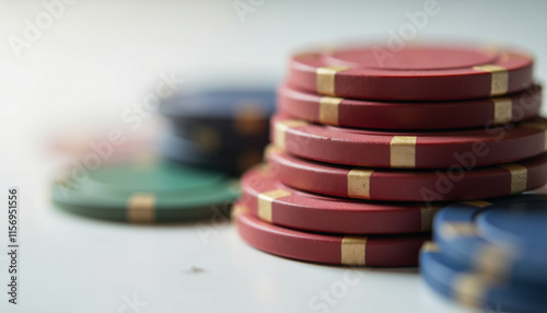 A close up shot of stacks of poker chips  red  green  and blue  showcasing gambling. photo