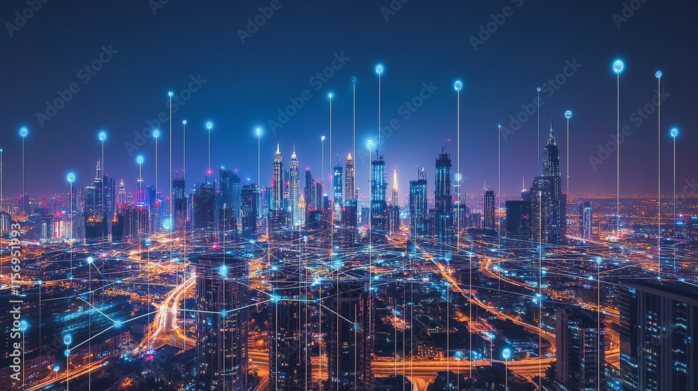 Fototapeta premium Smart digital Innovation city with connection network reciprocity over the cityscape. of future smart wireless digital city and social media networking systems that connects people with in city