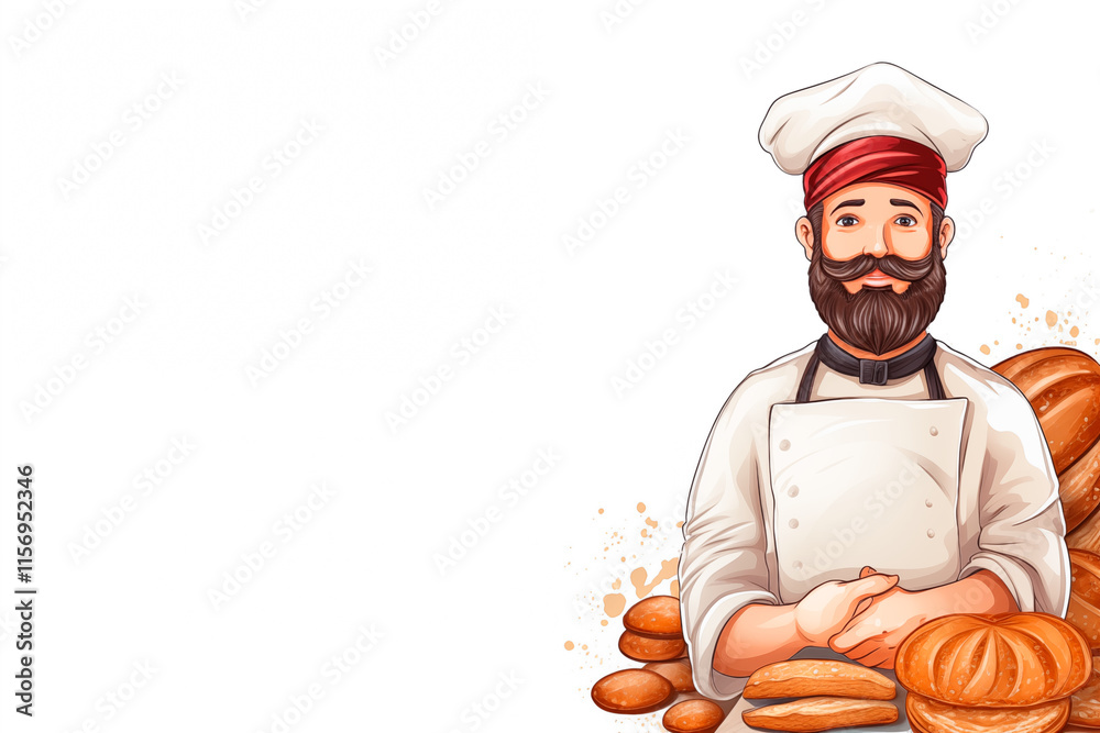 Illustration of Man Baker in uniform, surrounded by breads on a white isolated background with copy space. Image created with AI Illustration of Man Baker in uniform, surrounded by breads on a white isolated background with copy space. Image created with AI