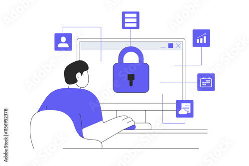 Shield with lock on computer screen as symbol regulation. GDPR and privacy politics. Business data protection and internet cyber security. Flat Cartoon Vector Illustration, icon. Stylish abstract Blue