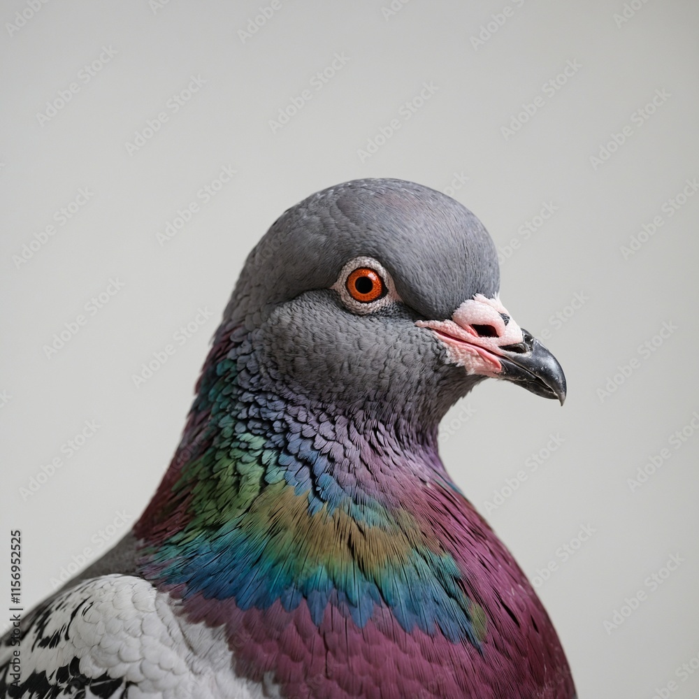 Fototapeta premium A close-up of a pigeon with vibrant neck feathers, captured against a pristine white background.