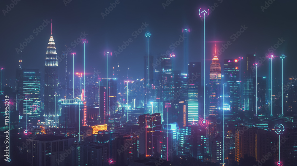 Smart digital Innovation city with connection network reciprocity over the cityscape. of future smart wireless digital city and social media networking systems that connects people with in city Smart digital Innovation city with connection network reciprocity over the cityscape. of future smart wireless digital city and social media networking systems that connects people with in city