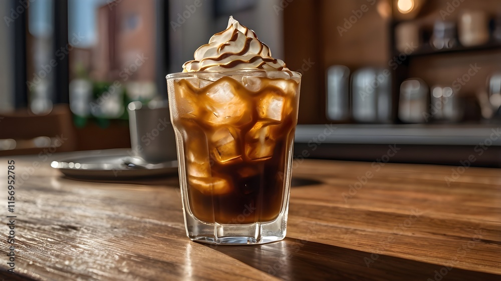 A glass of iced coffee with a hint of vanilla syrup, served with a stirrer on a cafe table.
A glass of iced coffee with a hint of vanilla syrup, served with a stirrer on a cafe table.