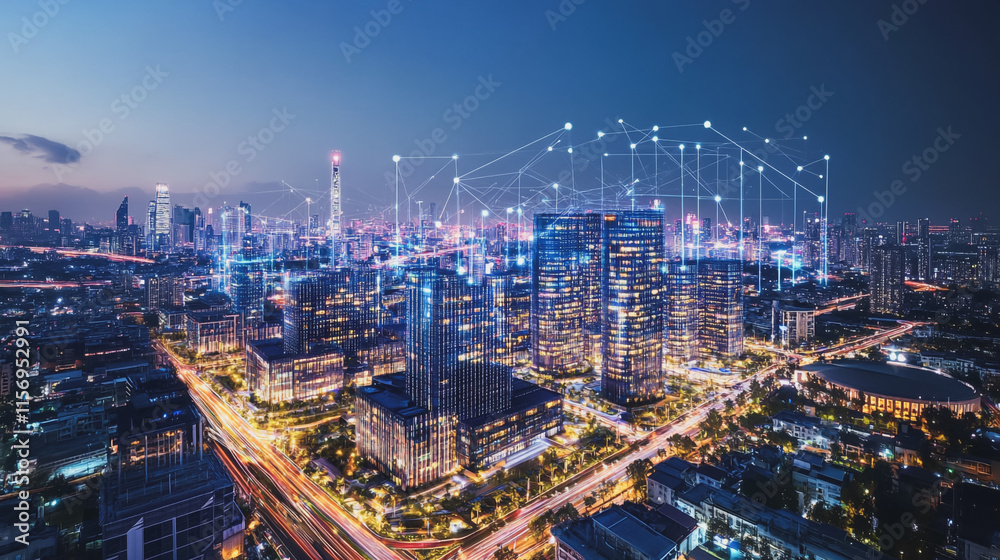 Fototapeta premium Smart digital Innovation city with connection network reciprocity over the cityscape. of future smart wireless digital city and social media networking systems that connects people with in city