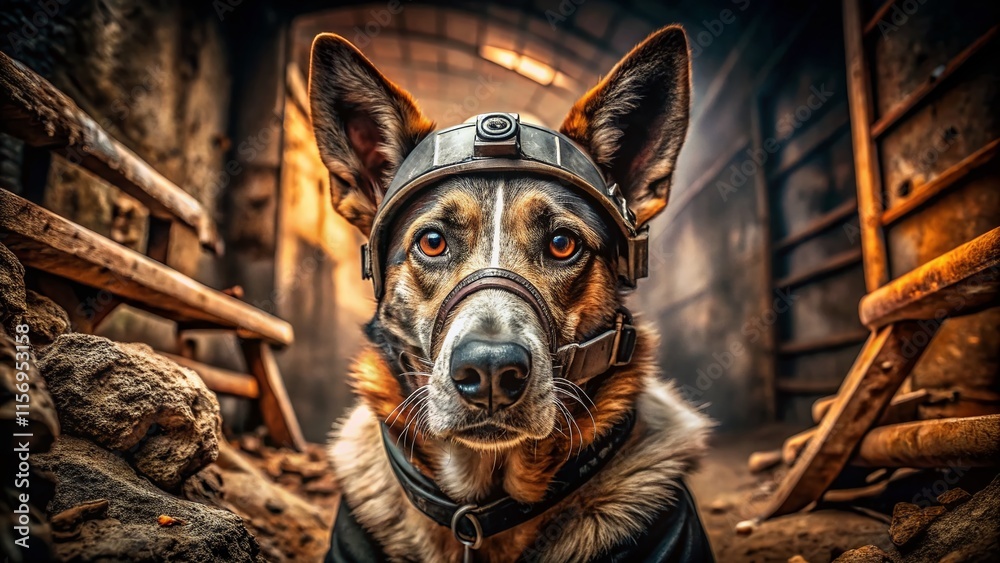 Obraz premium Loyal Canine Companion in Dim Light, Wearing Vintage Construction Mask - Earthworks Style Stock Photo