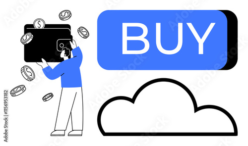 Man holding wallet with coins, large blue BUY button, and cloud icon. Ideal for online shopping, e-commerce, digital payments, finance apps, purchase decisions, cloud services, and consumer behavior