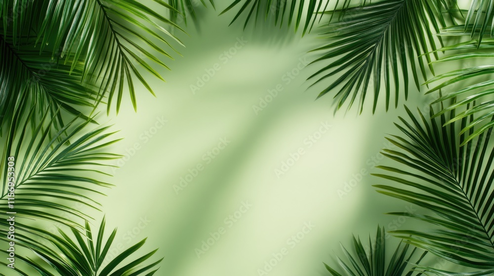 Shadows of palm leaves cast gently on a light green background, offering a clean canvas for elegant text and designs Shadows of palm leaves cast gently on a light green background, offering a clean canvas for elegant text and designs