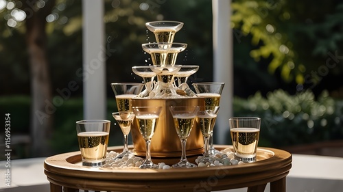 Several glasses of champagne and realistic photos during a wedding with a champagne fountain