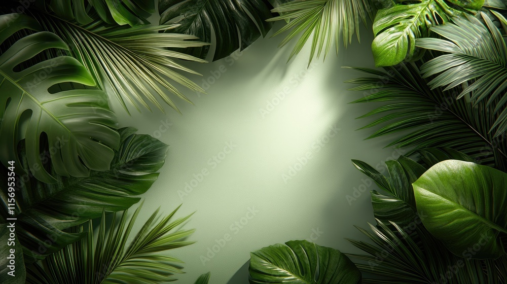 Shadows of palm leaves cast gently on a light green background, offering a clean canvas for elegant text and designs Shadows of palm leaves cast gently on a light green background, offering a clean canvas for elegant text and designs