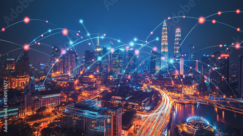 Smart digital Innovation city with connection network reciprocity over the cityscape. of future smart wireless digital city and social media networking systems that connects people with in city