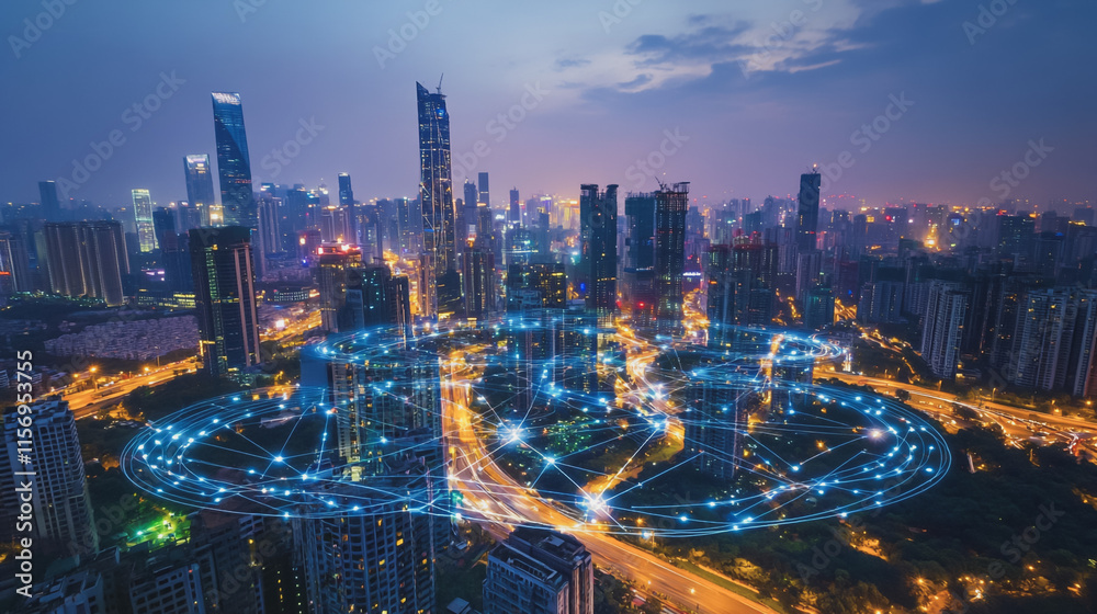 Obraz premium Smart digital Innovation city with connection network reciprocity over the cityscape. of future smart wireless digital city and social media networking systems that connects people with in city