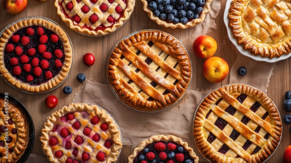 Assorted Freshly Baked Fruit Pies on a Wooden Table Surface