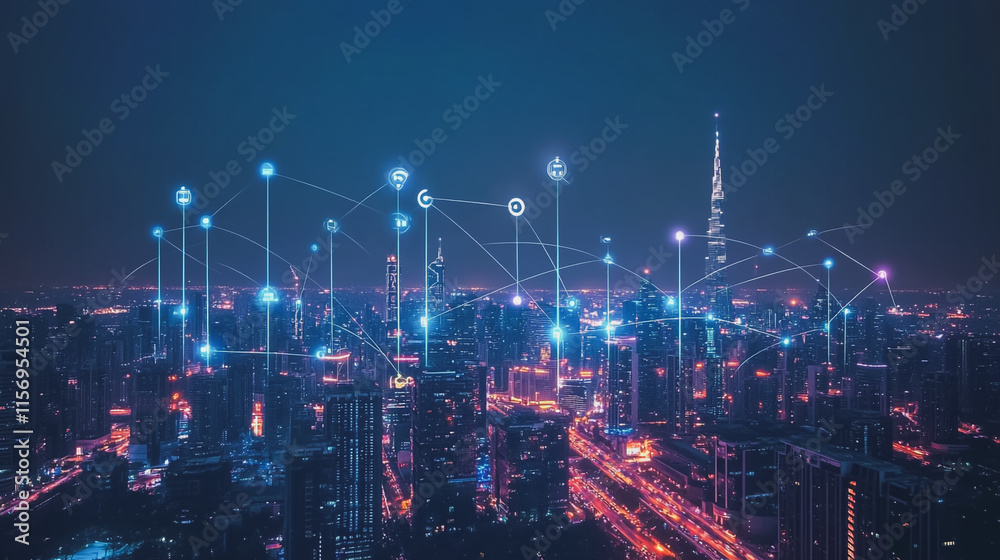 Fototapeta premium Smart digital Innovation city with connection network reciprocity over the cityscape. of future smart wireless digital city and social media networking systems that connects people with in city