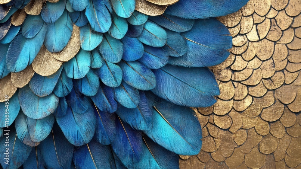 Obraz premium Vibrant Blue and Gold Feather Patterns with Texture and Depth
