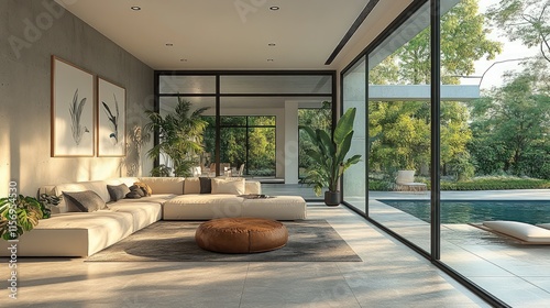Modern living room, pool view, sunlight.