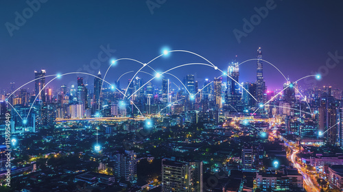 Wallpaper Mural Smart digital Innovation city with connection network reciprocity over the cityscape. of future smart wireless digital city and social media networking systems that connects people with in city Torontodigital.ca