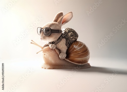 A rabbit wearing goggles rides a snail with a backpack, creating a whimsical and adventurous scene on a light background.