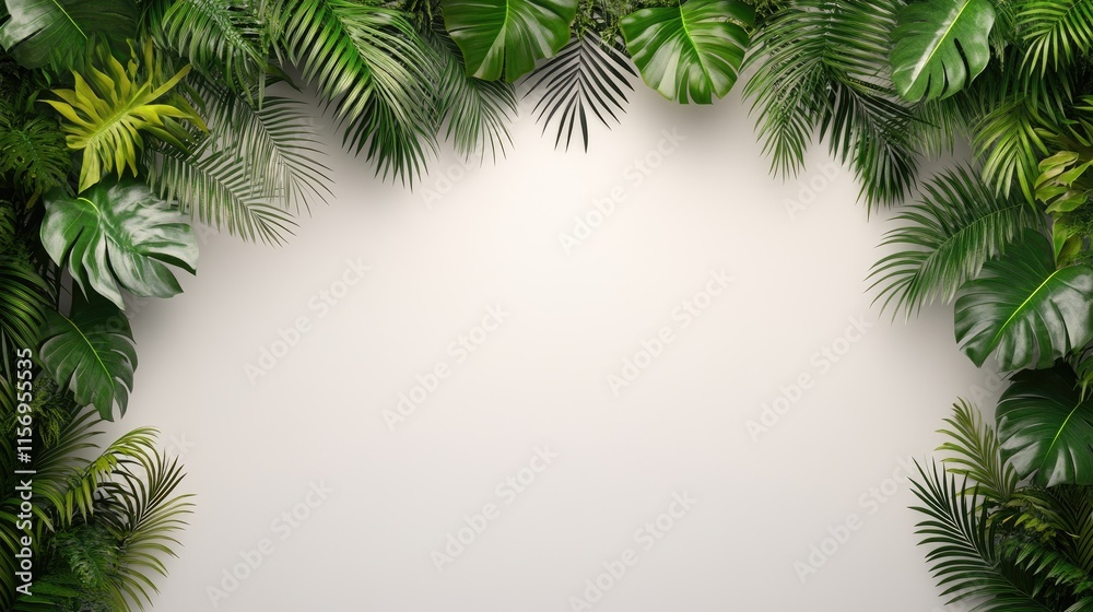 Tropical green palm tree leaves create a border on a textured surface, providing a vibrant and fresh backdrop for summer-themed text Tropical green palm tree leaves create a border on a textured surface, providing a vibrant and fresh backdrop for summer-themed text