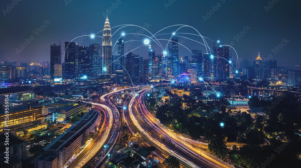 Smart digital Innovation city with connection network reciprocity over the cityscape. of future smart wireless digital city and social media networking systems that connects people with in city