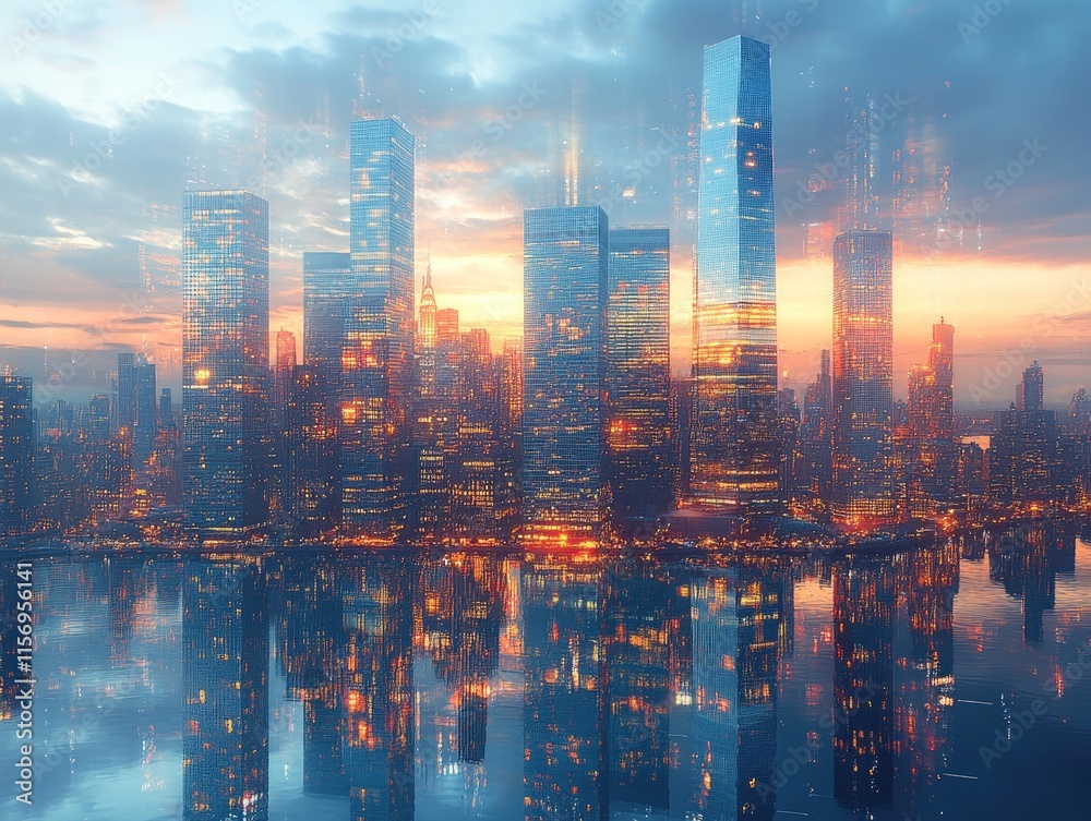 Fototapeta premium City skyline reflected in water at sunset.