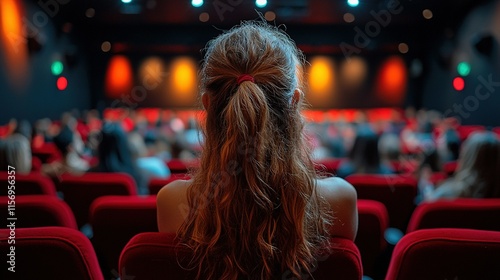 A woman with long hair sits in a theater, watching a performance with an audience around her.