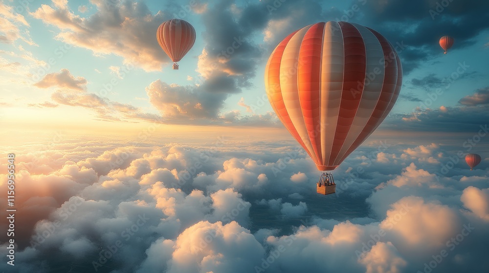 Naklejka premium Hot air balloons soar above sunset clouds.