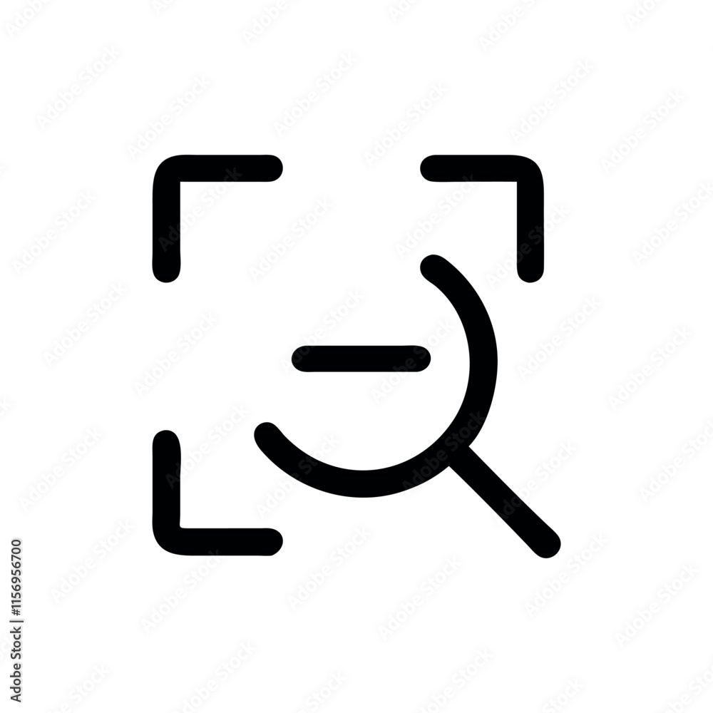 Simple Vector Icon of a Magnifying Glass within a Focus Frame, Magnifying glass revealing text lines within a document symbol. Discovery of content within text files. Search tool. Simple Vector Icon of a Magnifying Glass within a Focus Frame, Magnifying glass revealing text lines within a document symbol. Discovery of content within text files. Search tool.