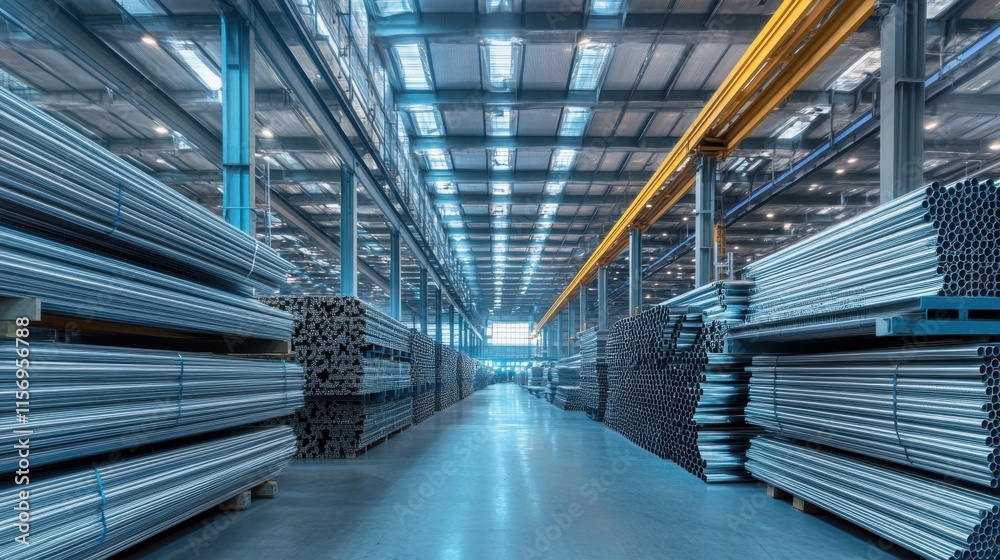Fototapeta premium Modern Warehouse with Metal Bars Stacked in Industrial Setting