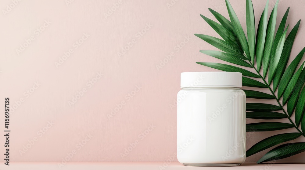 A minimalistic image featuring a blank white jar next to a green palm leaf on a soft pink background. A minimalistic image featuring a blank white jar next to a green palm leaf on a soft pink background.