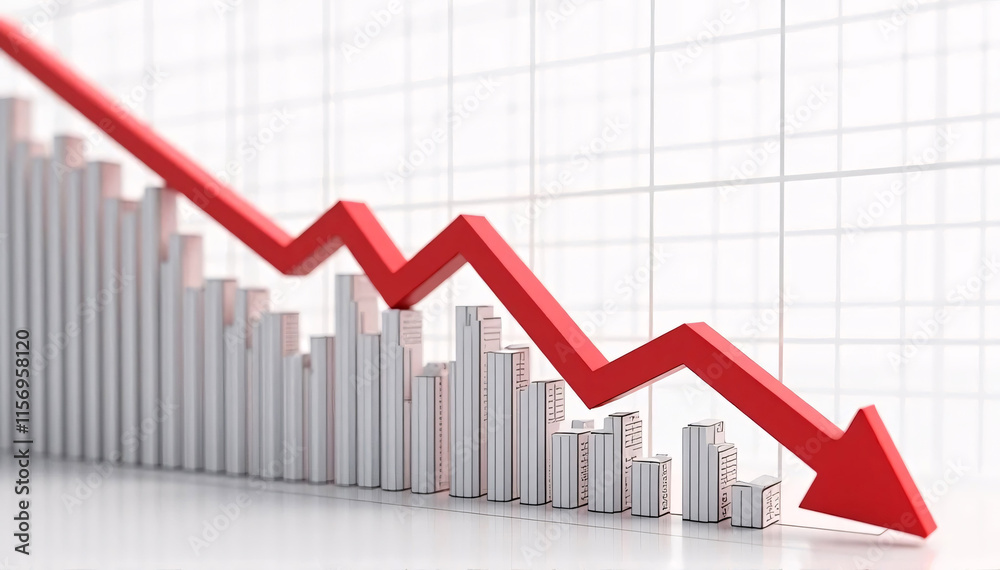 A financial chart with bars that travel from high to low and a large red arrow pointing downwards indicates a fast decrease in value.
A financial chart with bars that travel from high to low and a large red arrow pointing downwards indicates a fast decrease in value.