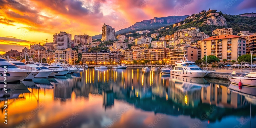 Obraz premium Luxurious Yachts & Monte Carlo Harbor at Dawn: Breathtaking Monaco Port View