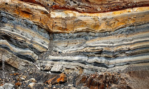 Strata of rock layers in sedimentary cliff
