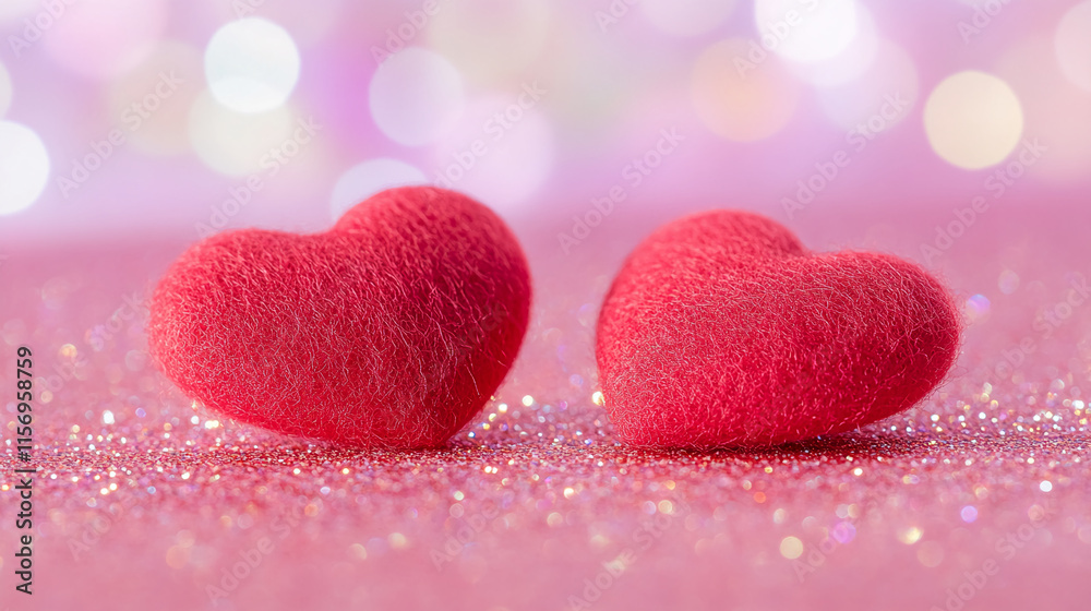 Fototapeta premium Two red velvet hearts on sparkling pink glitter background for Valentine's Day designs