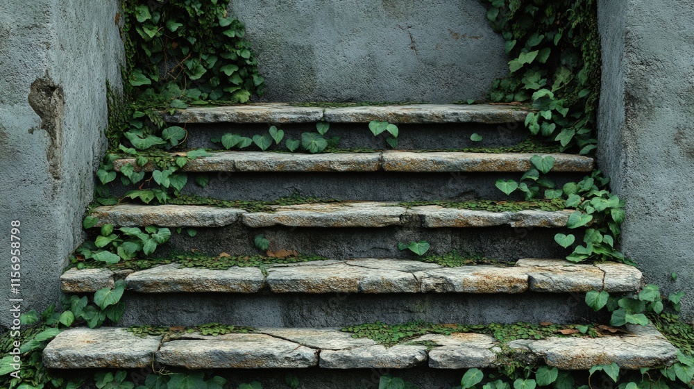 Overgrown stone steps, ivy, weathered wall. Overgrown stone steps, ivy, weathered wall.